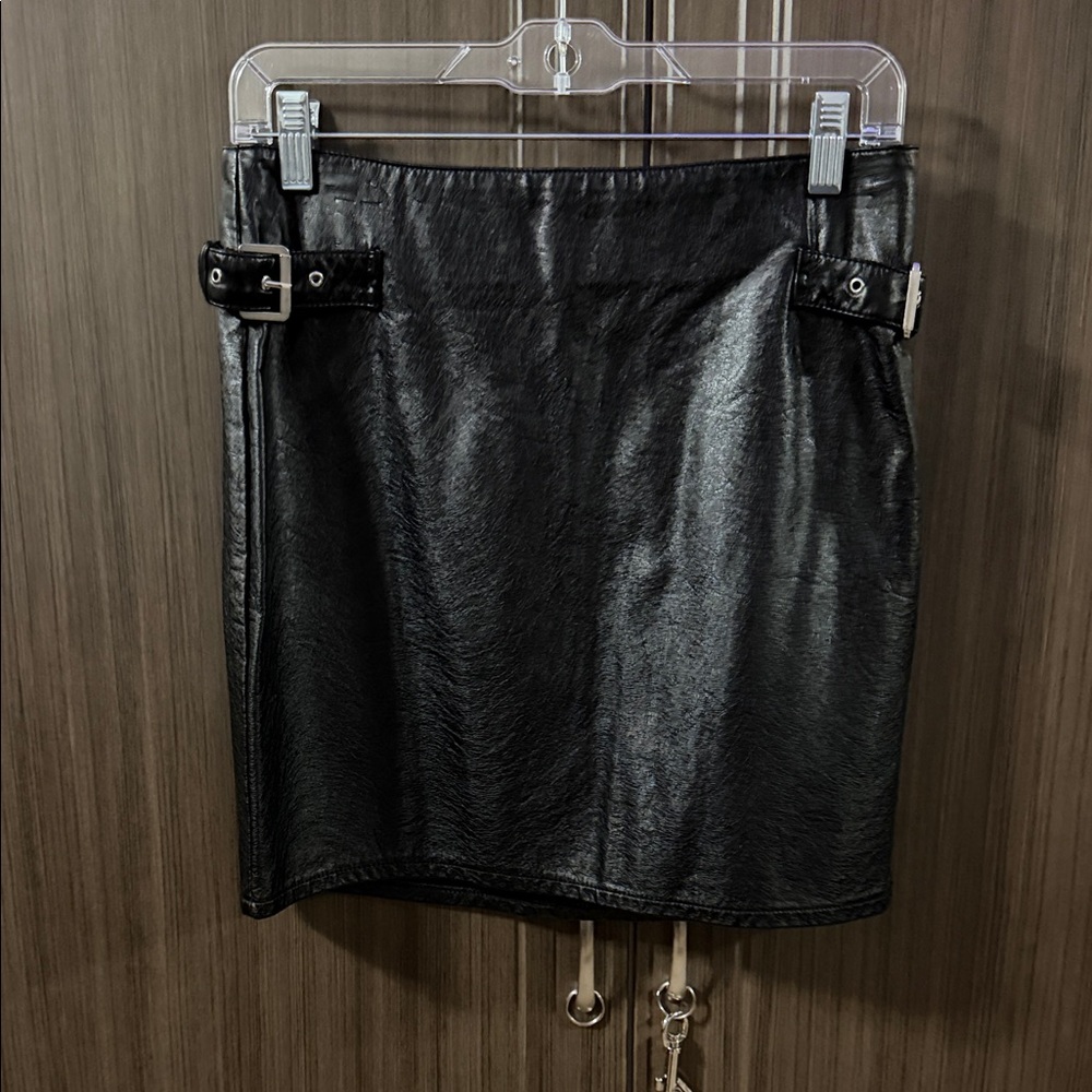 H&M Black‎ Faux Leather Mini Skirt with Side Buckle Details